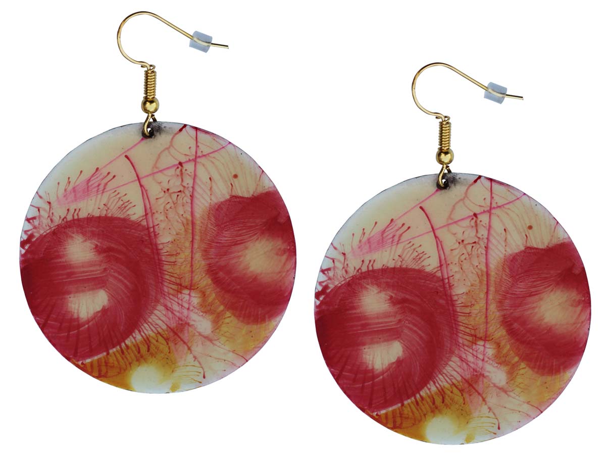 2.5” Round Brass Hook Earrings with Pink Blossoming Pattern - Drop Earrings / Accessories for Her - Buy in Bulk Wholesale